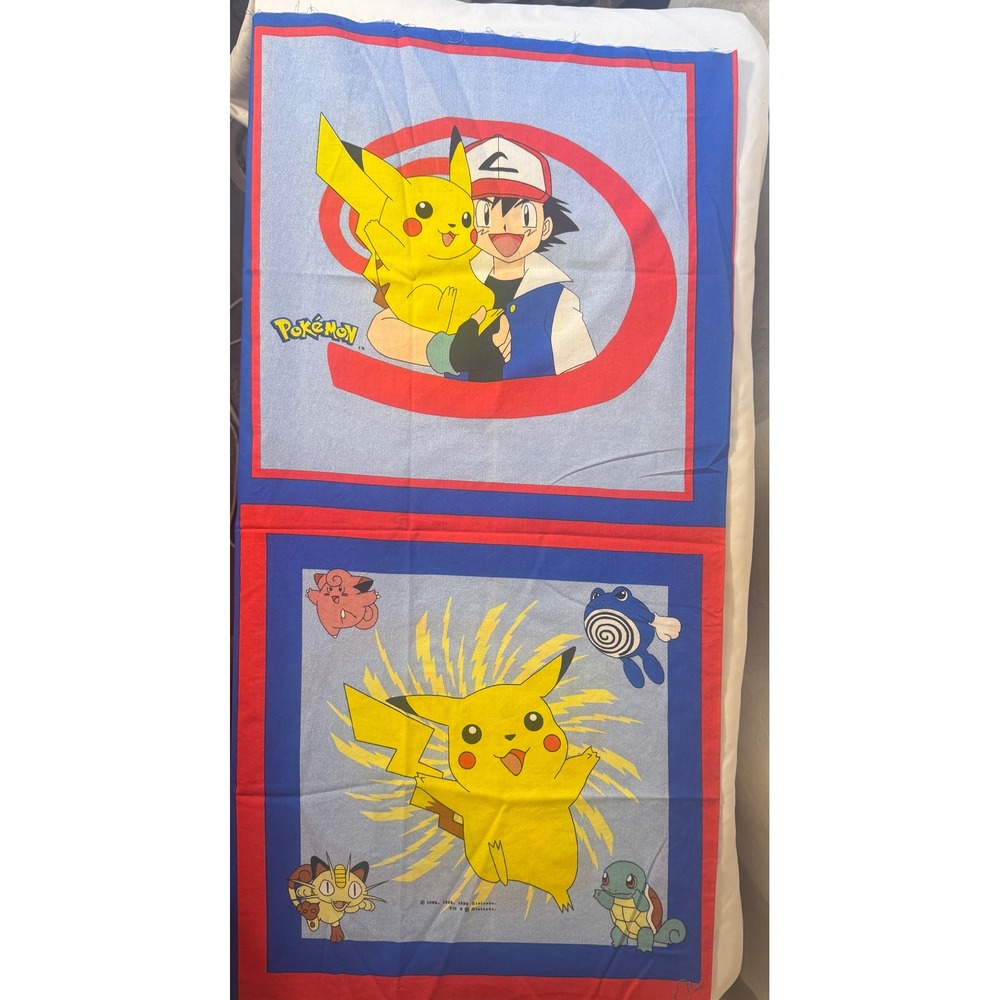 Nintendo Pokemon Fabric Panel Vintage 33.5x41.5 Blue Ash Pikachu Squirtle 1998
